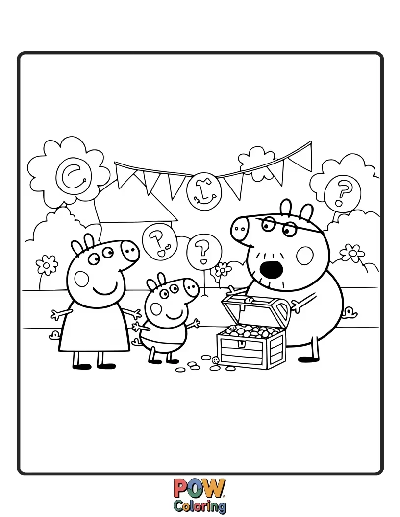 Free coloring page of Peppa dons a cape and mask, striking a superhero pose after accidentally turning Mummy Pig into a giant blueberry.