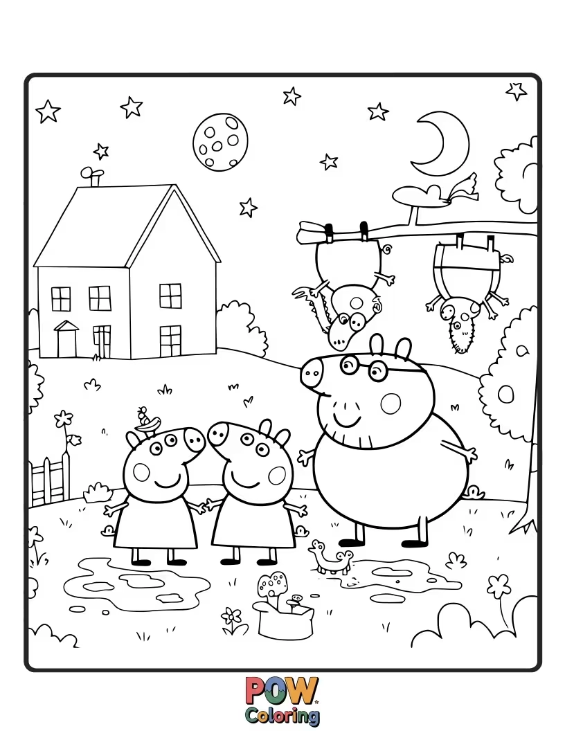 Free coloring page of Everything is upside down for Peppa today, including her house and all her friends floating in the air.