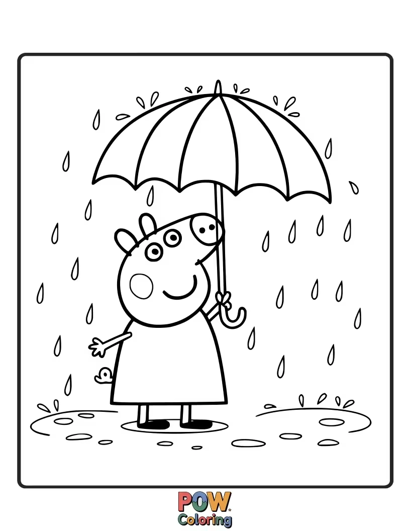 Free coloring page of Peppa is trying to use an umbrella that’s stuck upside down, catching the rain inside.