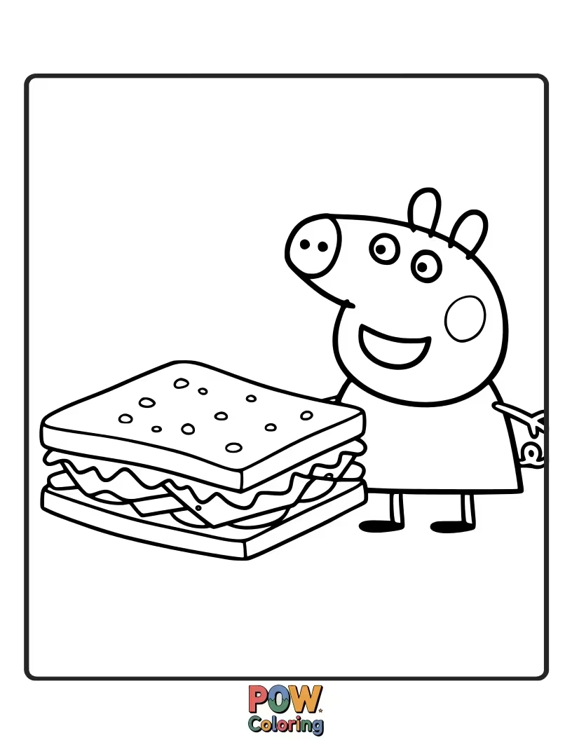 Free coloring page of Peppa's sandwich has suddenly started to wiggle and jiggle, making her look a bit bewildered.