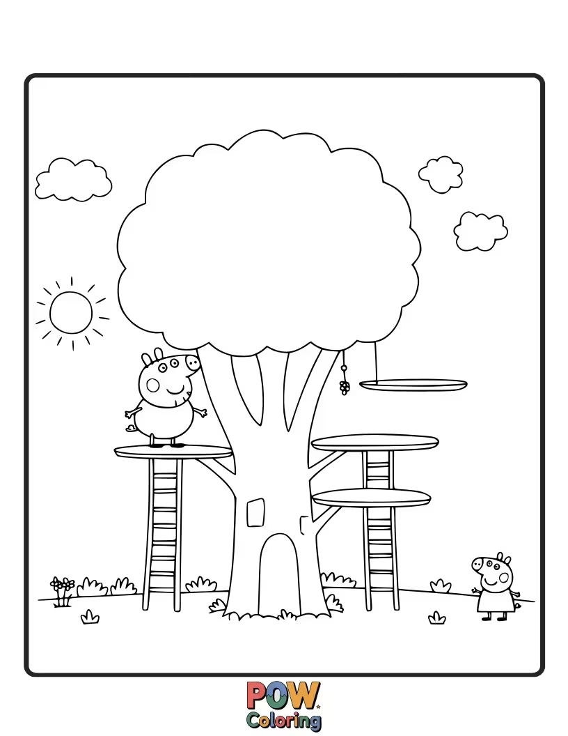 Free coloring page of Peppa's treehouse has suddenly started to wiggle and sway like jelly.