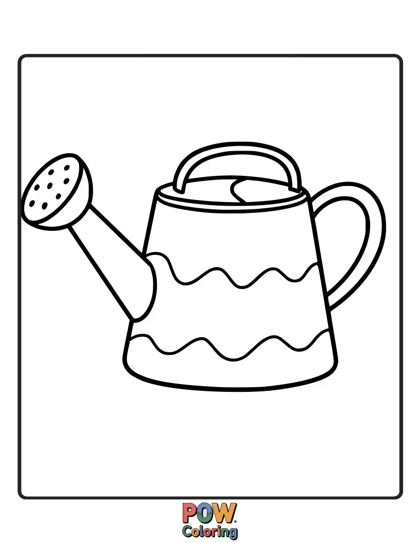 Free coloring page of Peppa is trying to water plants with a watering can that's wiggling and spraying water everywhere.
