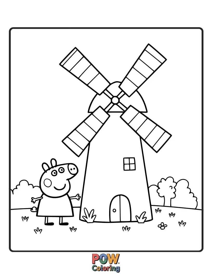 Free coloring page of Peppa is playing near a windmill that's spinning so fast its sails are a blur.