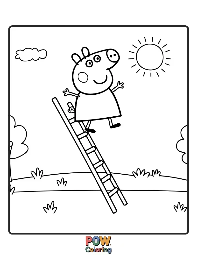 Free coloring page of Peppa is attempting to climb a ladder that’s wobbling precariously with each step.