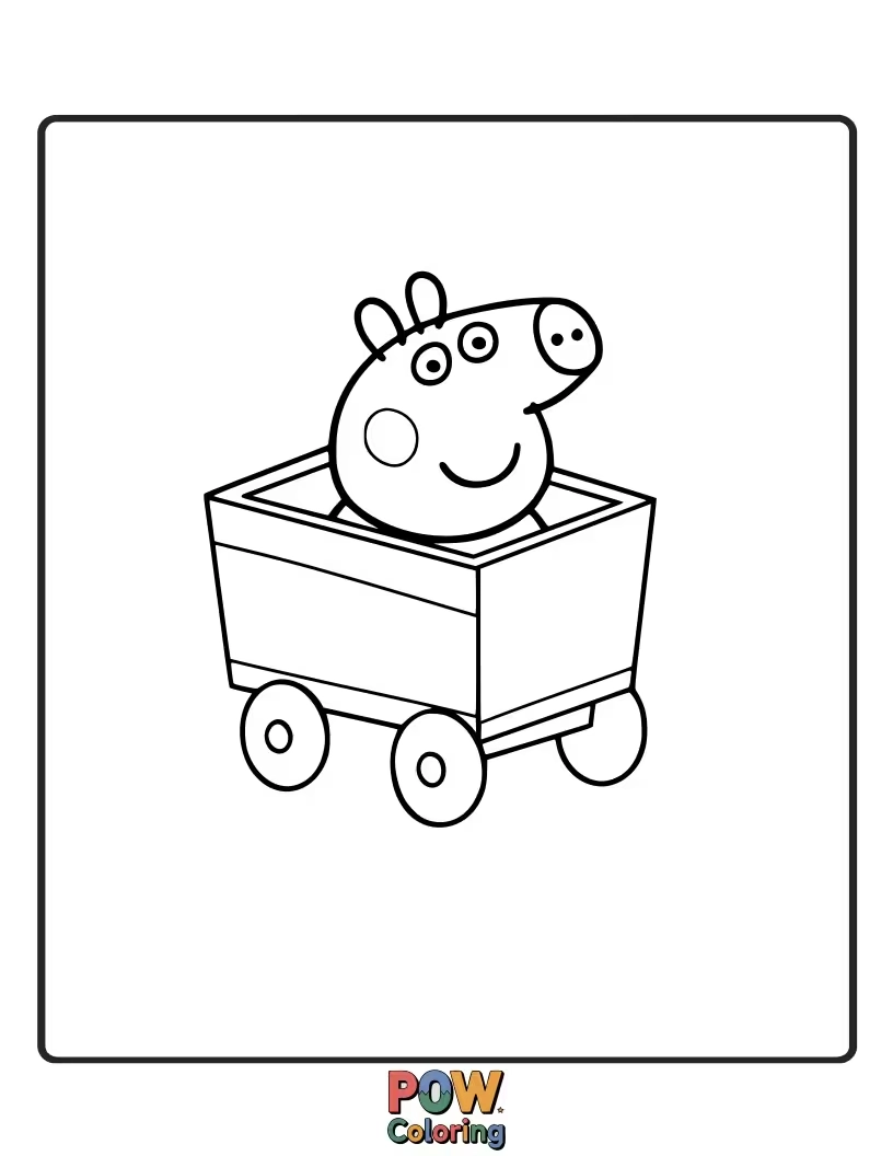 Free coloring page of Peppa’s wagon has a wheel that’s comically loose and wobbling in a funny pattern.