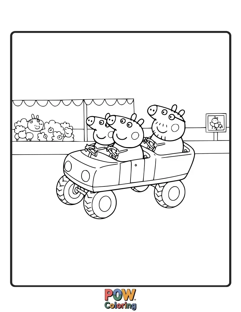 Free coloring page of Peppa is riding a tricycle, but all the wheels are wobbling in different directions.