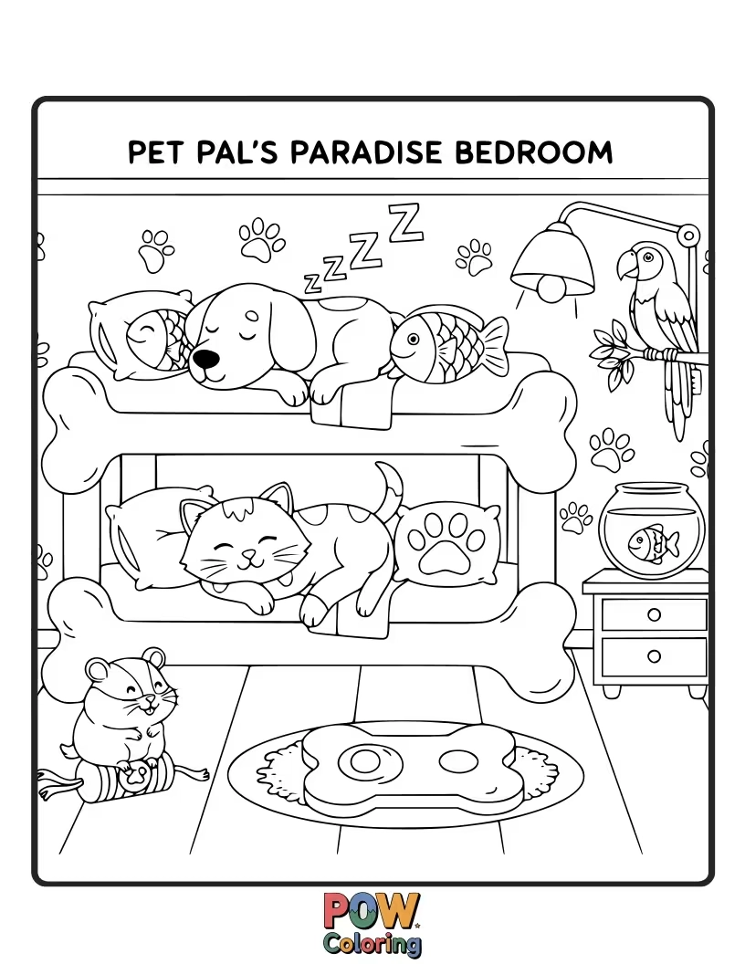 Free coloring page of Cozy pet beds, toys, and playful animal friends create a haven for animal lovers.