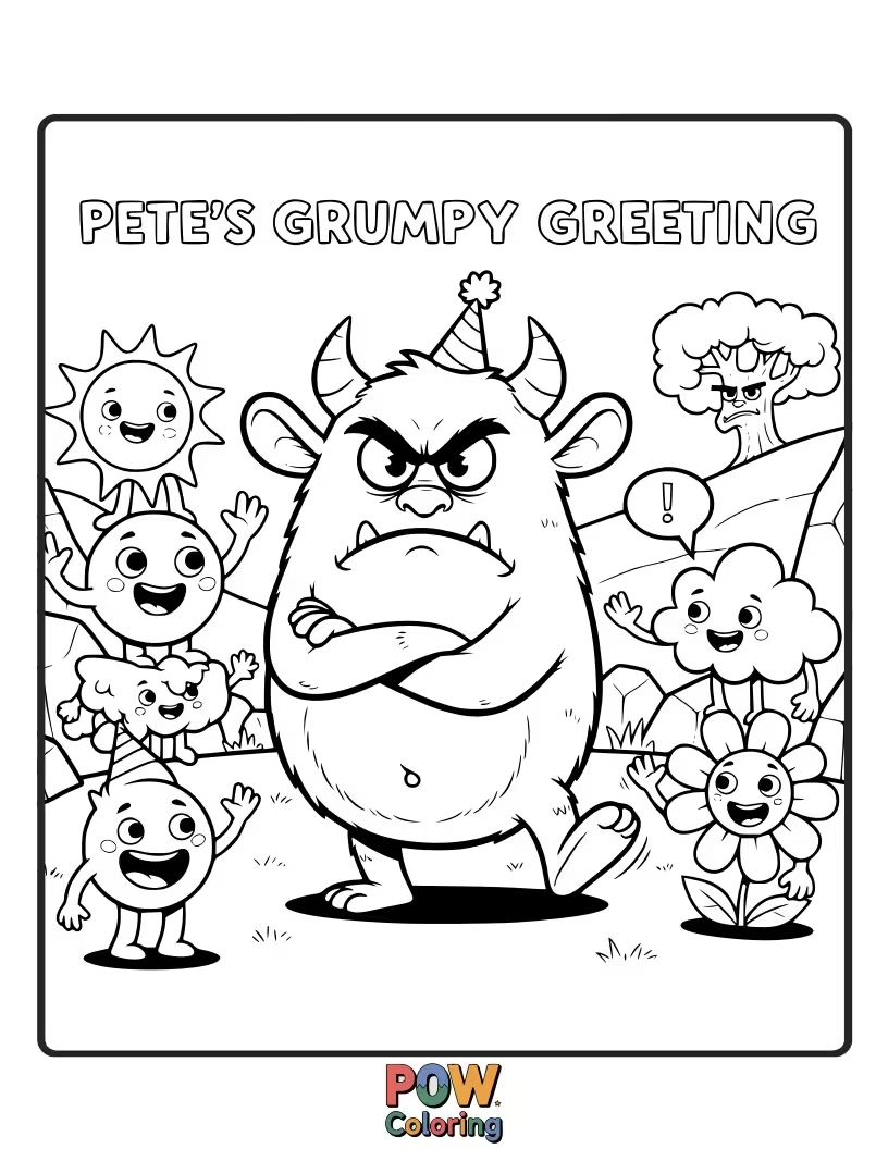 Free coloring page of Pete the Cat grumbles but still holds a candy cane, a reluctant participant in Christmas.