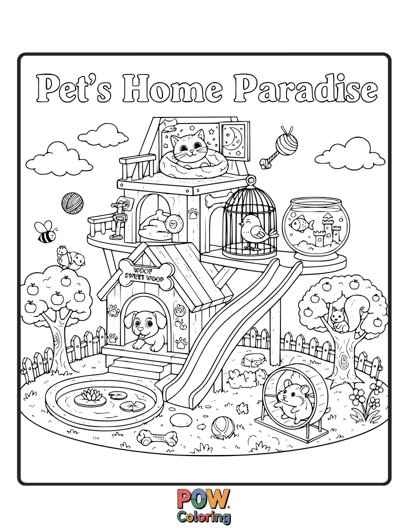 Free coloring page of A doghouse shaped like a tiny mansion, complete with a bone-shaped welcome mat. For our furry friends!