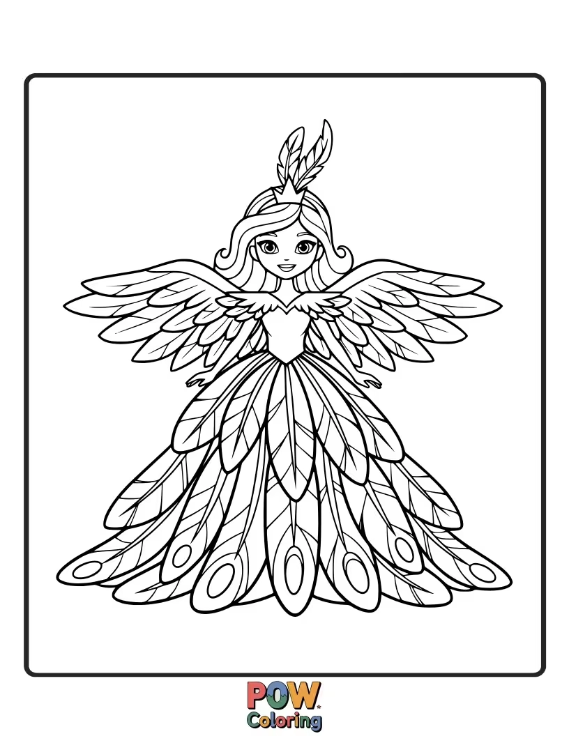 Free coloring page of A powerful princess holding a vibrant phoenix feather, symbolizing rebirth and courage.