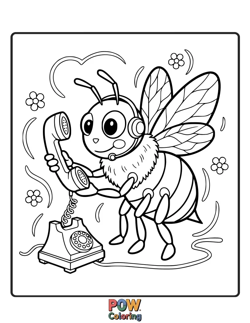 Free coloring page of A buzzing phone covered in cute bees collecting nectar from colorful flowers, ideal for a sweet and cheerful coloring.