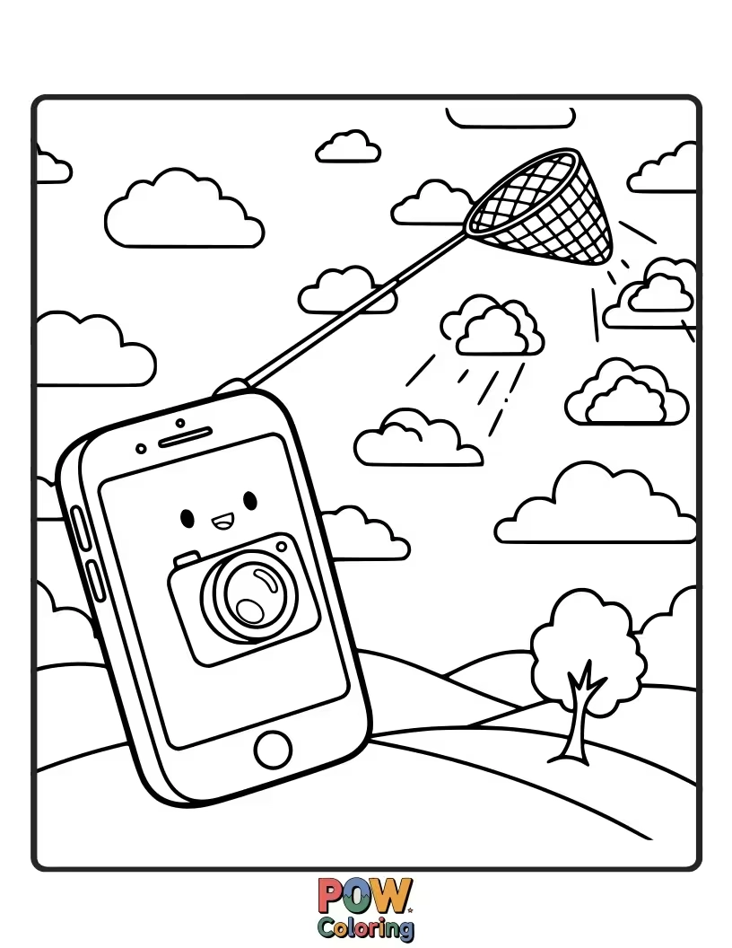 Free coloring page of A dreamy phone with a net trying to catch fluffy clouds and stars, inspiring imaginative coloring dreams.