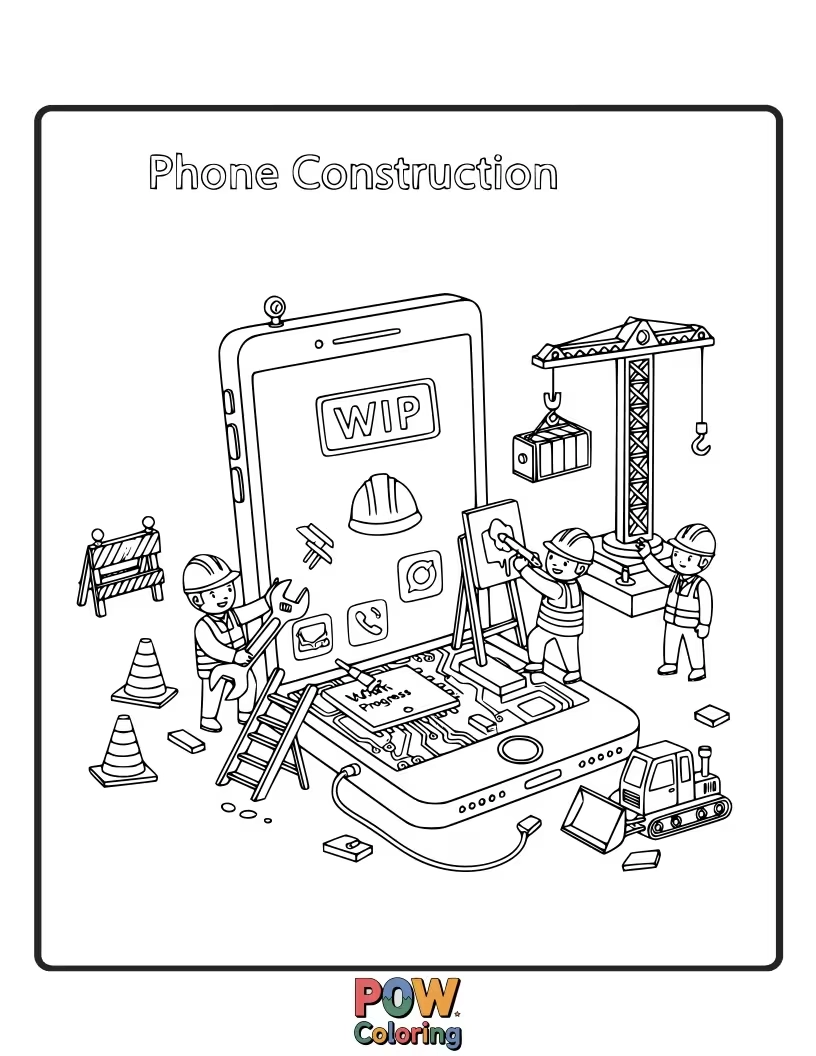 Free coloring page of A busy phone with tiny construction vehicles and hard hats, ready for a fun and constructive coloring project.