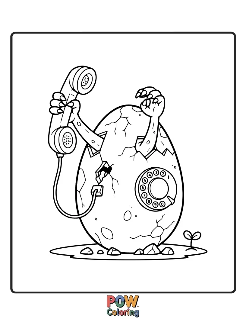 Free coloring page of A curious phone with a hatching dinosaur egg, waiting to be colored into a prehistoric surprise.