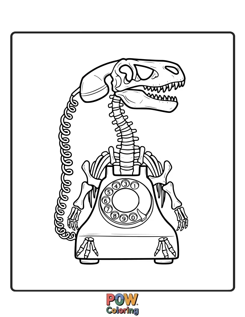 Free coloring page of A prehistoric phone decorated with dinosaur bones and footprints, perfect for an educational and exciting coloring dig.