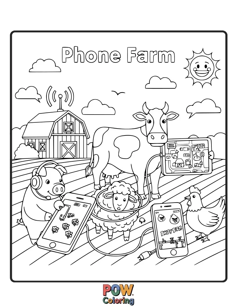 Free coloring page of A charming phone with adorable farm animals like cows, pigs, and chickens, ready for a rural coloring adventure.