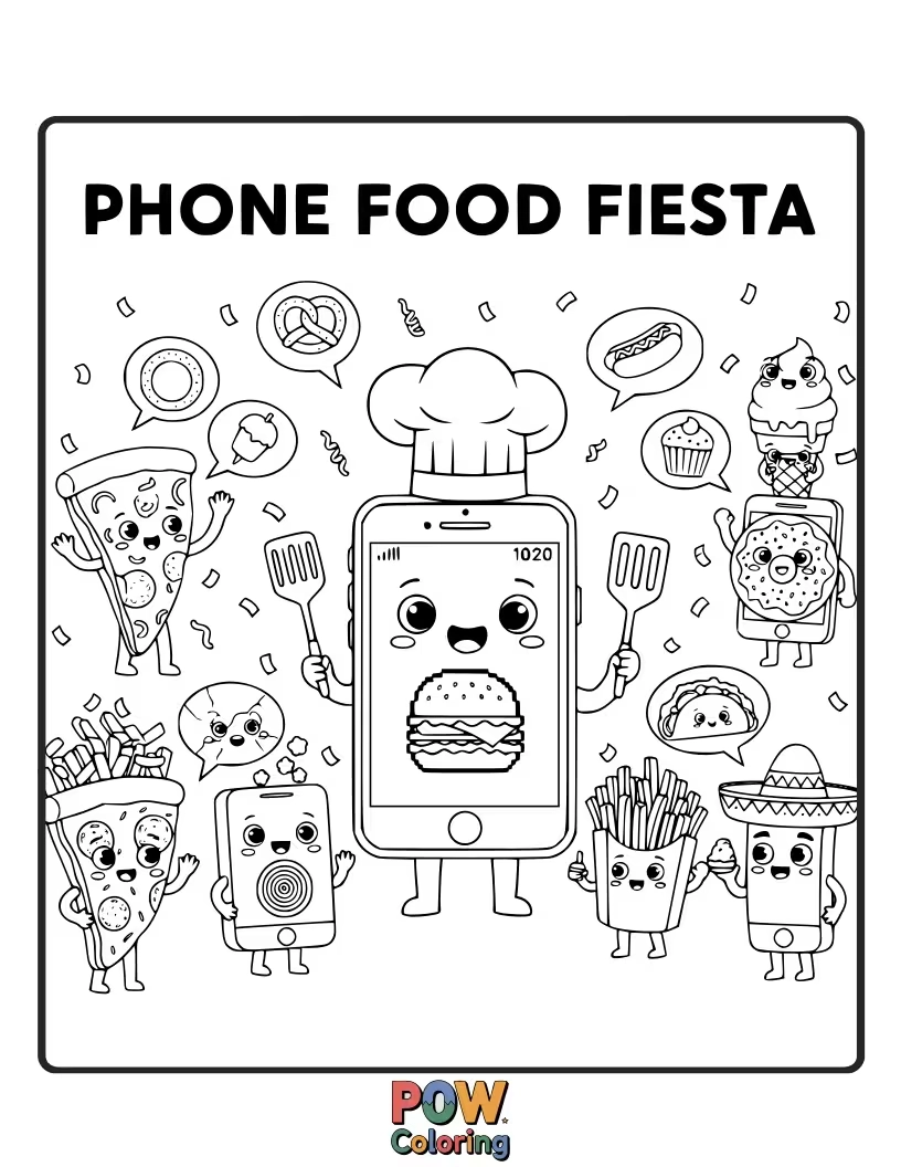 Free coloring page of A cheerful smartphone overflowing with tiny, delicious food illustrations like pizza, tacos, and ice cream cones, ready for vibrant coloring.