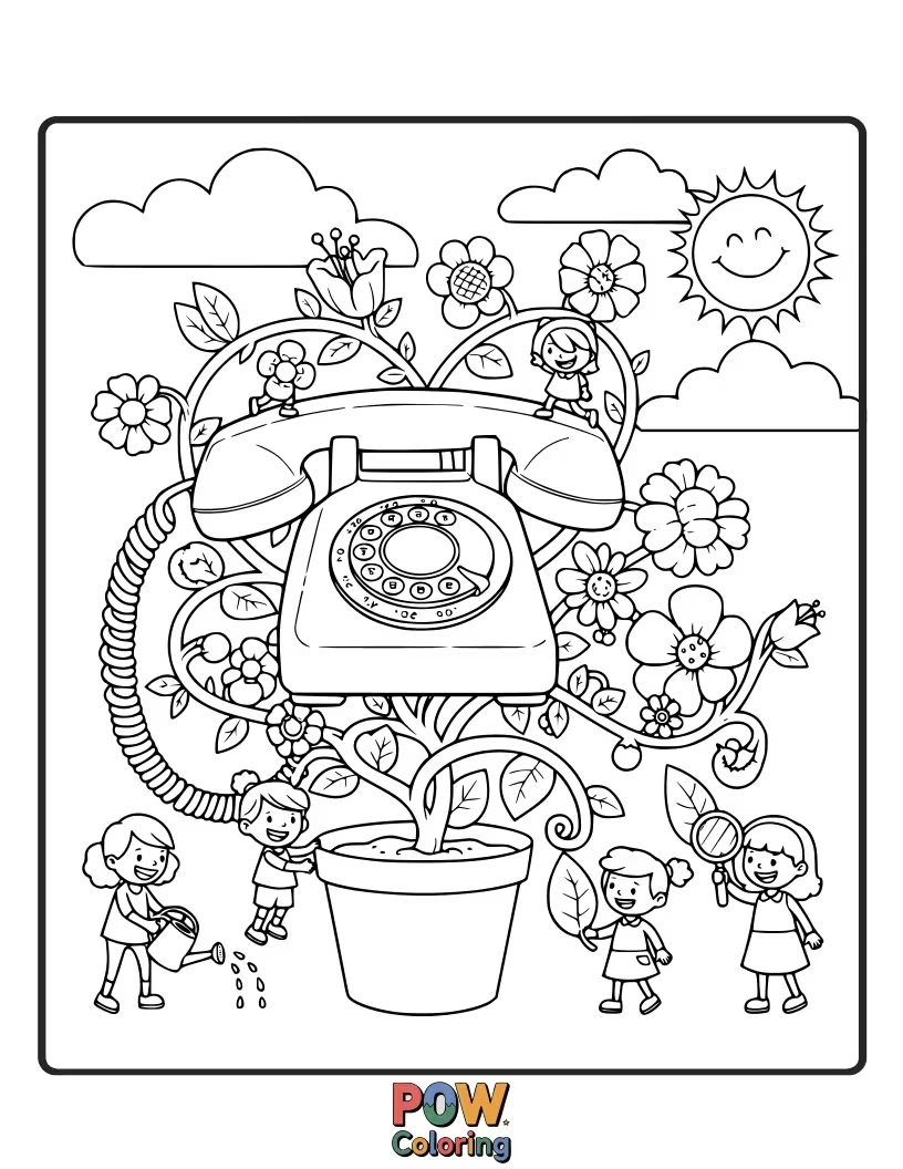 Free coloring page of A blooming phone covered in charming flowers, butterflies, and ladybugs, perfect for a beautiful and nature-themed coloring.