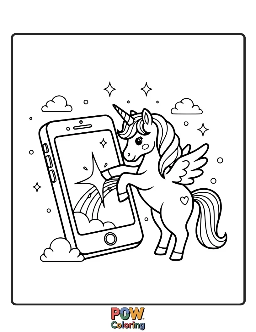 Free coloring page of A mythical phone featuring a sparkling unicorn with a rainbow mane and horn, perfect for enchanted coloring.
