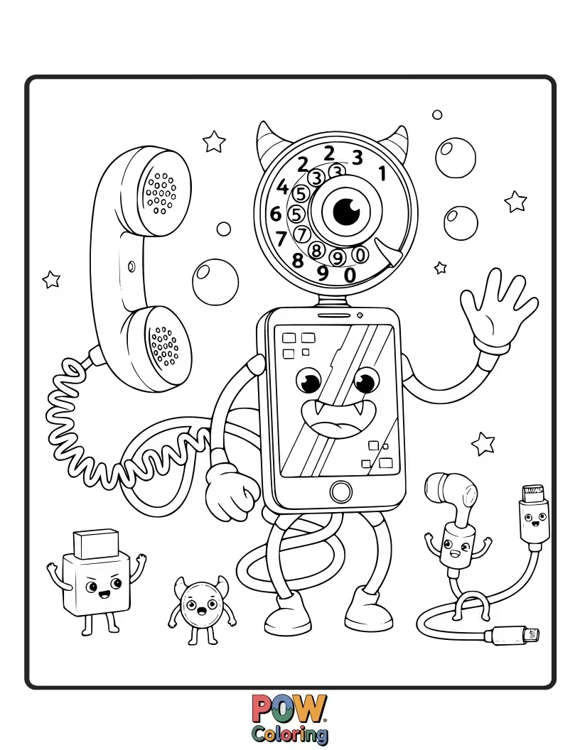 Free coloring page of A goofy phone with cute, googly-eyed monsters peeking out, ready for a fun and slightly spooky coloring session.