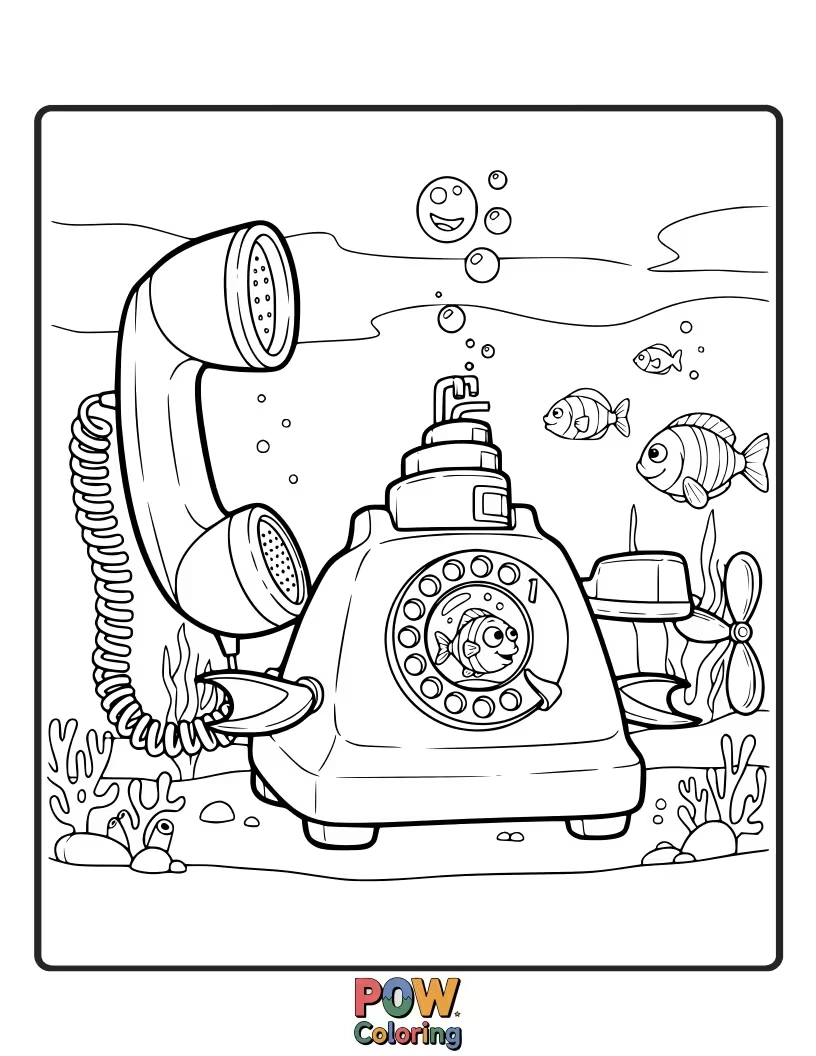 Free coloring page of An exciting phone with a friendly fishes, encouraging an underwater adventure through coloring.