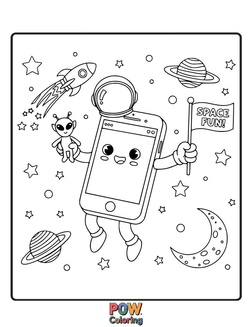 Free coloring page of A playful phone with rockets, stars, and a happy moon, inviting a fun-filled journey through the cosmos.