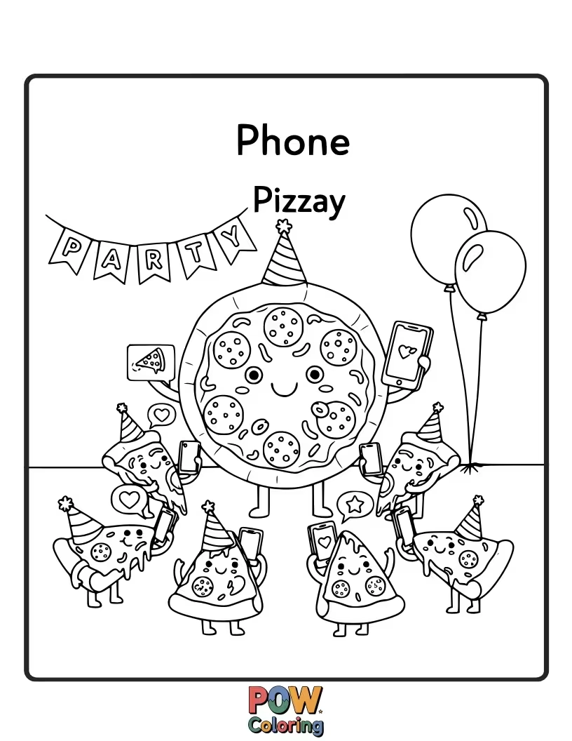 Free coloring page of A delicious phone decorated with various pizza slices and toppings, ready for a cheesy and fun coloring adventure.