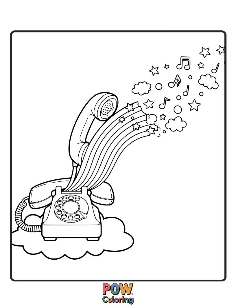 Free coloring page of A dreamy phone adorned with a vibrant rainbow and fluffy clouds, inspiring colorful and imaginative coloring.