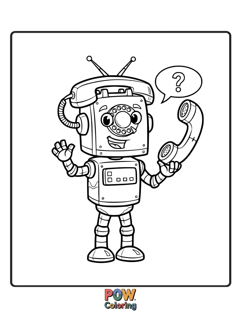Free coloring page of A friendly robot phone with gears and antennae, waiting to be brought to life with colorful circuits.