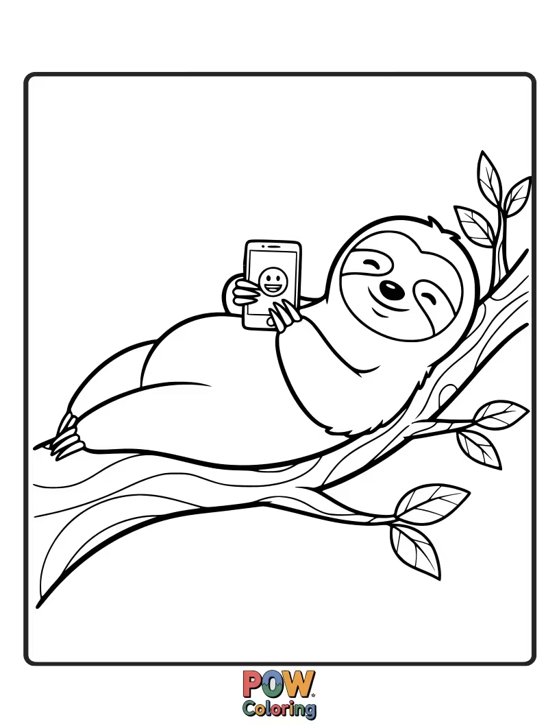 Free coloring page of A super chill phone with a sleepy sloth hanging on, perfect for a relaxed and leisurely coloring experience.
