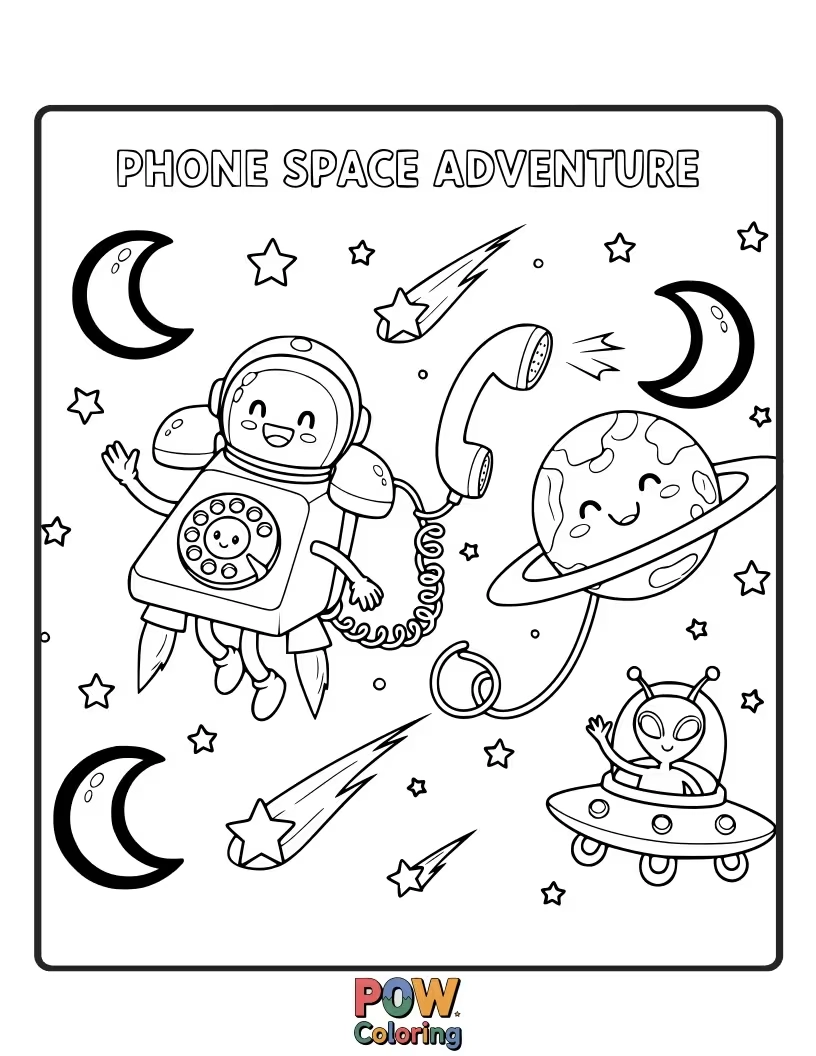 Free coloring page of A whimsical phone featuring planets, stars, and a friendly alien peeking out, inviting a cosmic coloring journey.