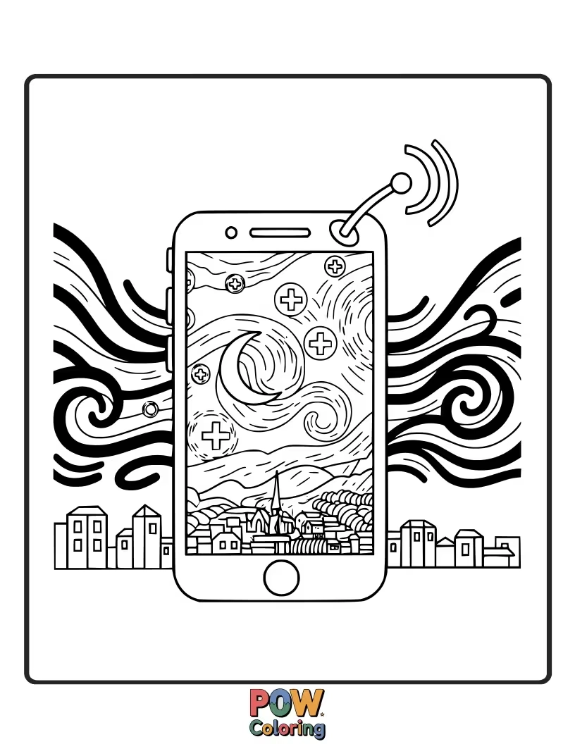 Free coloring page of A peaceful phone featuring a crescent moon and twinkling stars, perfect for a calming and celestial coloring experience.