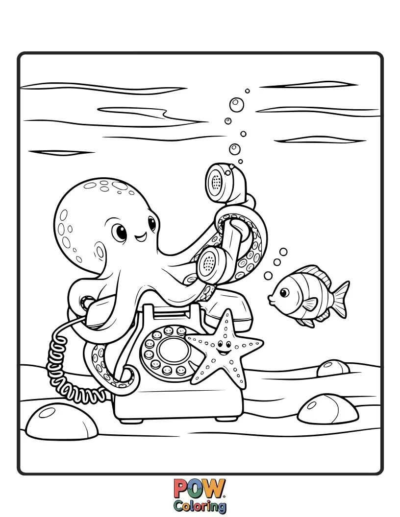 Free coloring page of A phone adorned with playful fish, bubbles, and a smiling starfish, ready for a charming aquatic coloring.