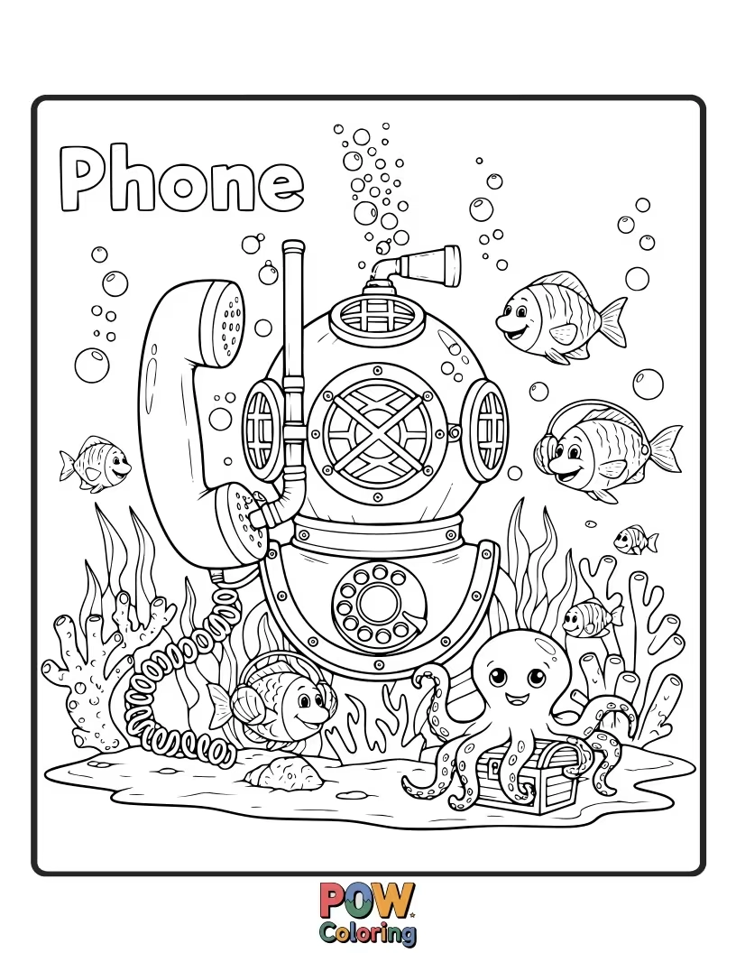 Free coloring page of A delightful phone showcasing cute sea creatures such as fish, octopuses, and mermaids, perfect for a bubbly coloring session.