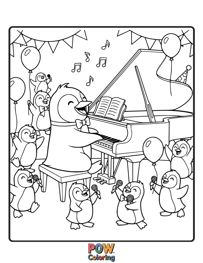 Free coloring page of A tuxedoed penguin enthusiastically playing a grand piano at a lively party. Funny, formal, and wonderfully cool.