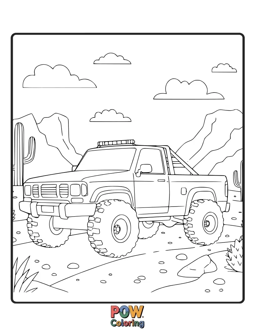 Free coloring page of A versatile pickup truck, perfect for outdoor scenes, dirt roads, or hauling fun! Explore different color combinations.