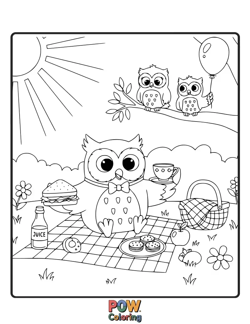 Free coloring page of A happy owl enjoying a picnic basket filled with yummy treats under a tree.