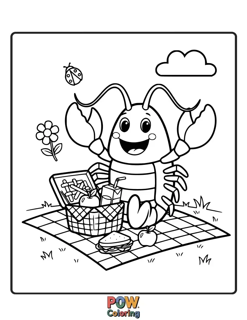 Free coloring page of A cheerful lobster enjoying a delightful picnic on the seabed, complete with a checkered blanket and tasty treats.