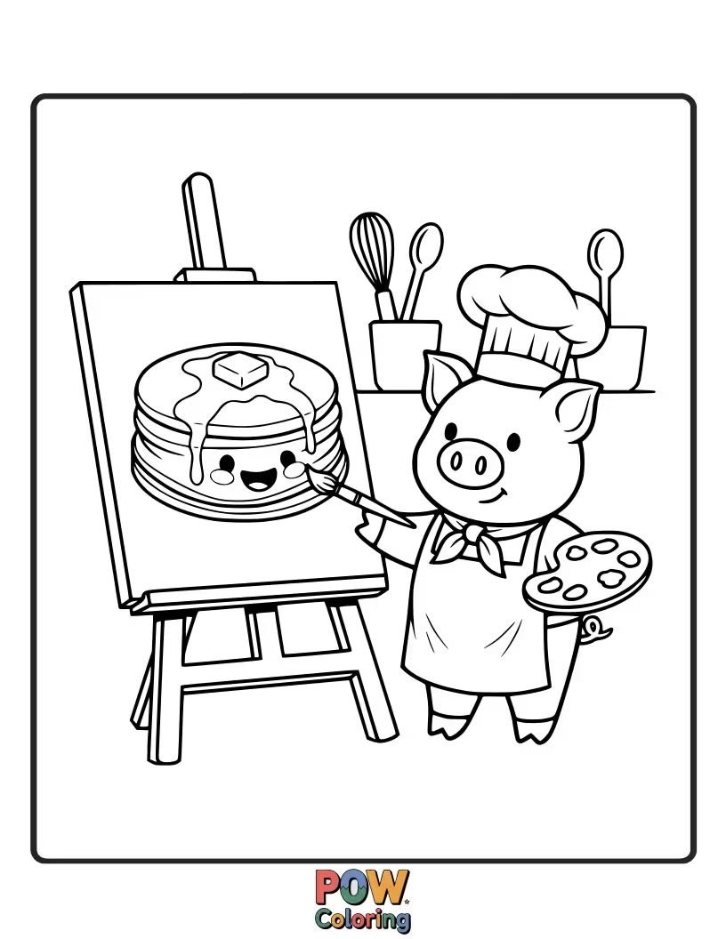 Free coloring page of A pig in a chef hat proudly presents a delicious-looking cake, splattered with frosting.
