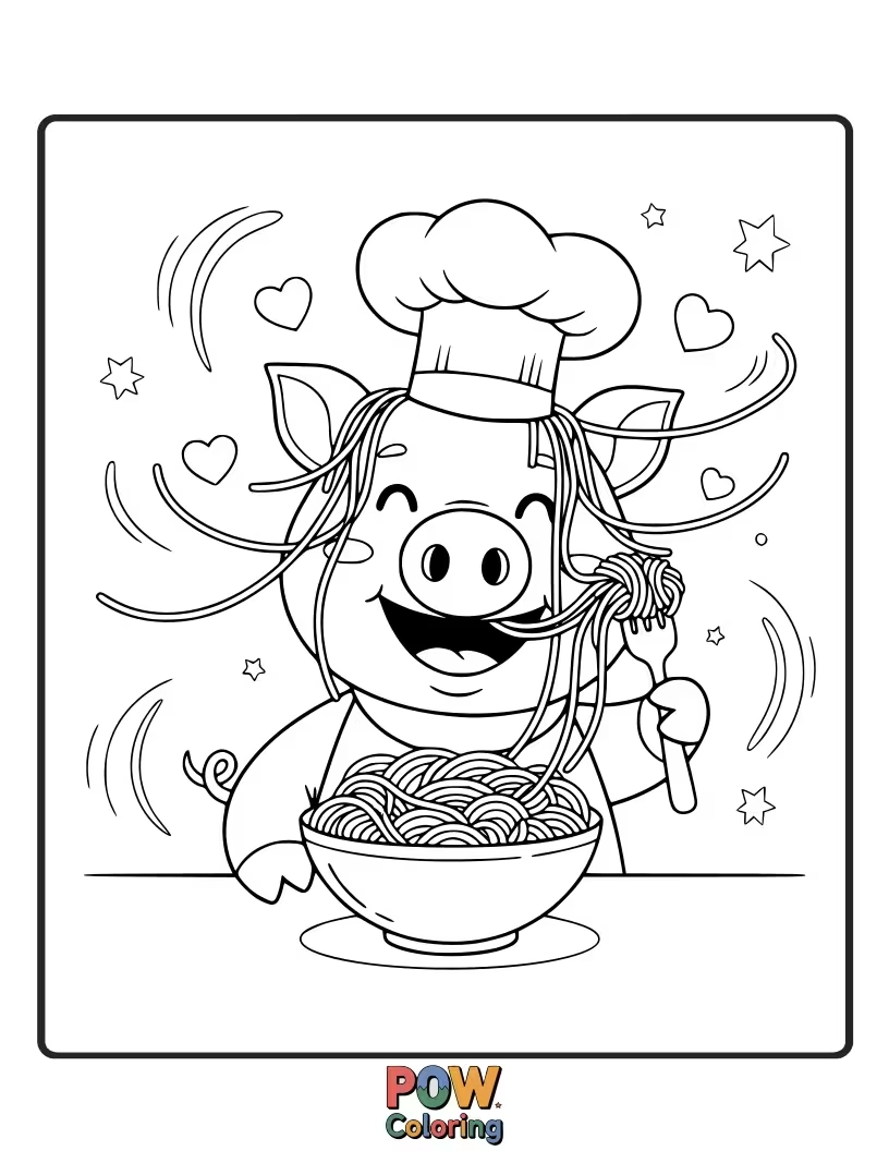 Free coloring page of A messy pig enthusiastically slurps a giant plate of spaghetti, sauce dripping everywhere.