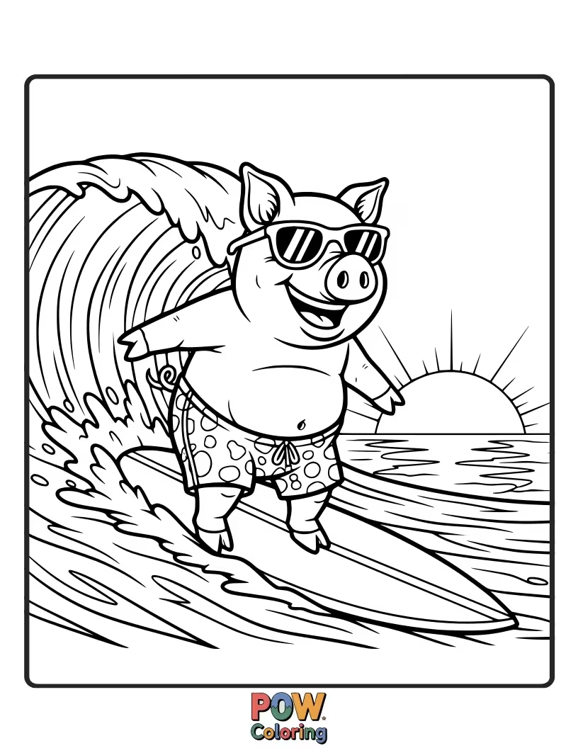 Free coloring page of A cool pig with sunglasses rides a surfboard, catching a giant wave with a grin.