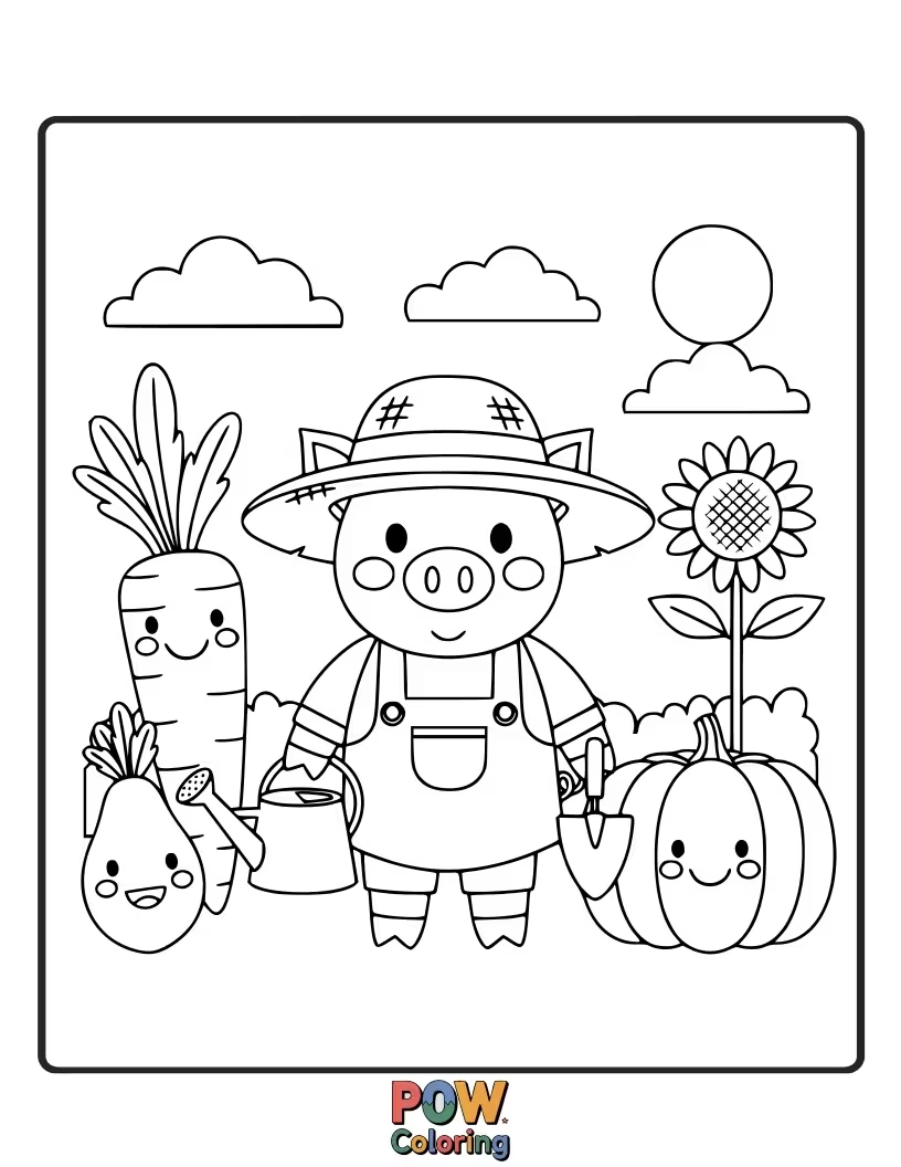 Free coloring page of A pig with a straw hat tends to a vibrant garden, planting tiny flowers with care.
