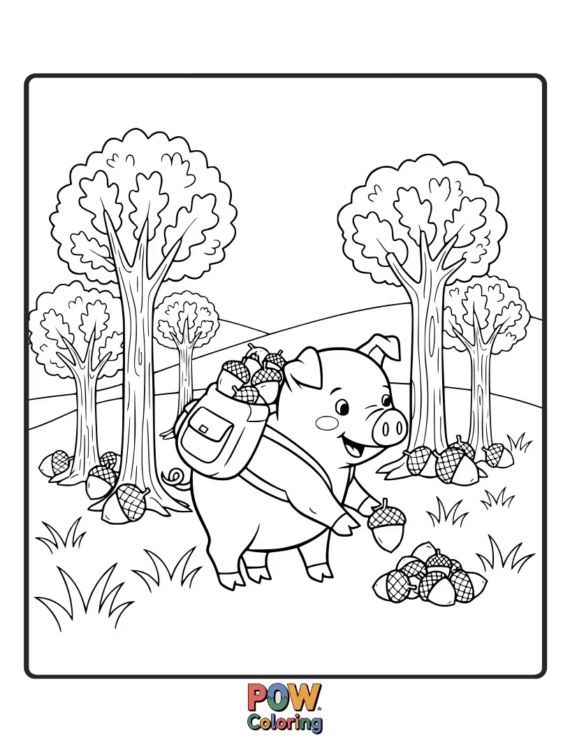 Free coloring page of A busy pig gathers a huge pile of acorns, preparing for winter with a smile.