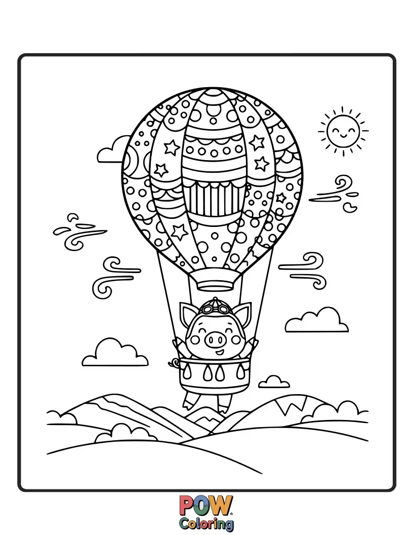 Free coloring page of A whimsical pig drifts peacefully in a colorful hot air balloon over rolling hills.