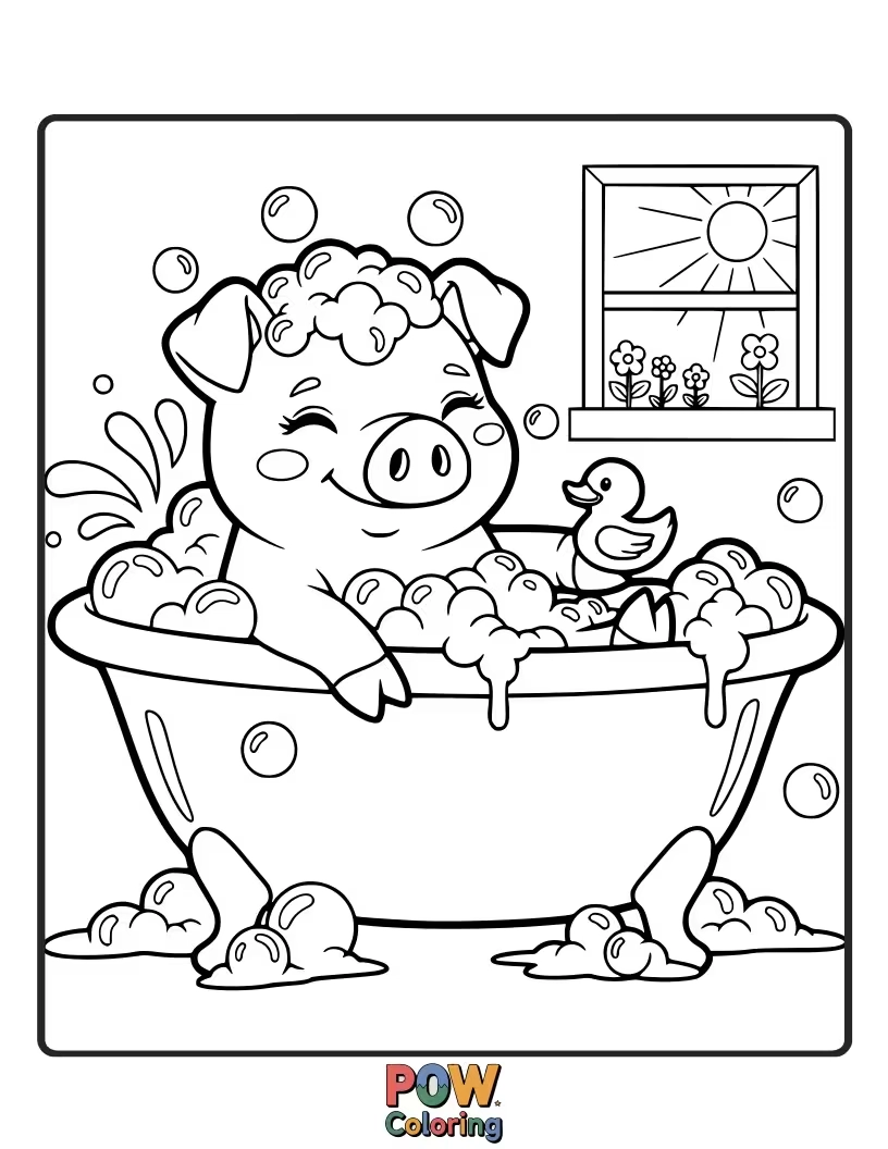 Free coloring page of A contented pig relaxes in a bubbly bathtub, surrounded by rubber ducks.
