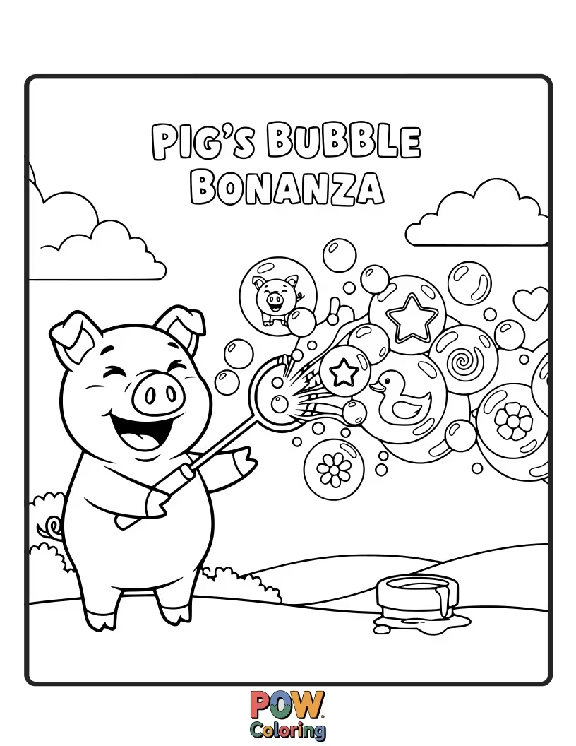 Free coloring page of A playful pig blows giant, iridescent bubbles that float magically around it.
