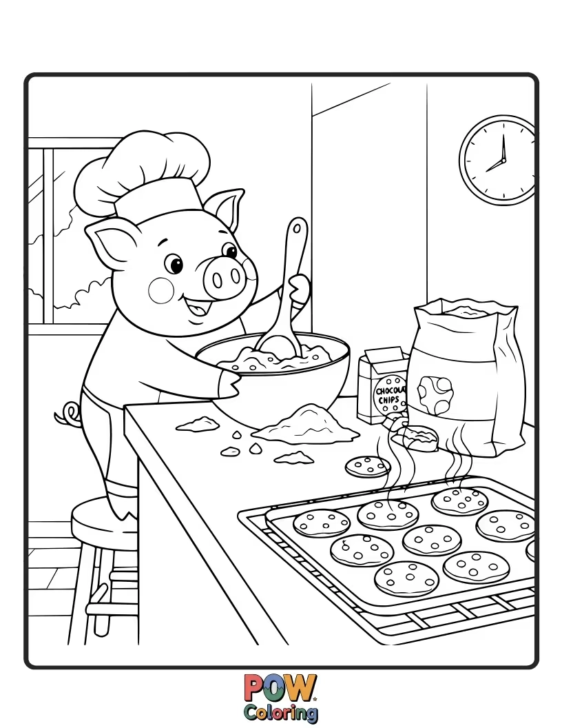 Free coloring page of A baker pig decorates a giant, yummy-looking cookie with frosting and sprinkles.