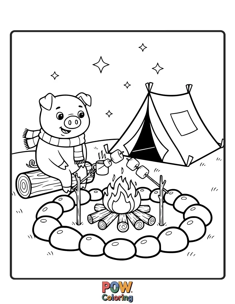 Free coloring page of A happy pig warms itself by a crackling campfire under a starry sky.