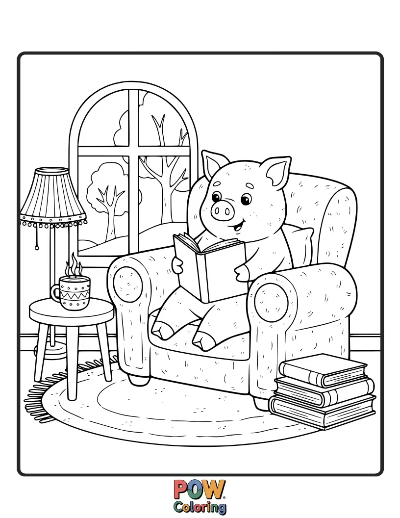 Free coloring page of A contented pig snuggled in a chair reads a book, lost in its story.