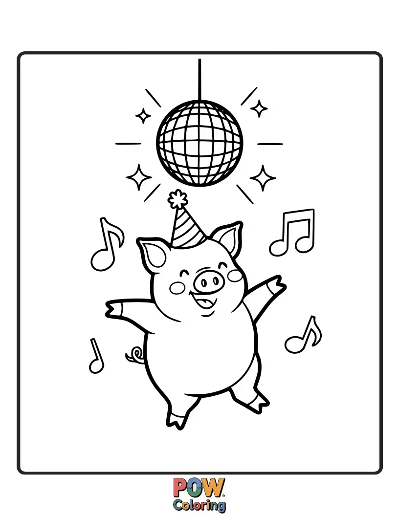 Free coloring page of A lively pig dances under a sparkling disco ball, grooving to the beat.